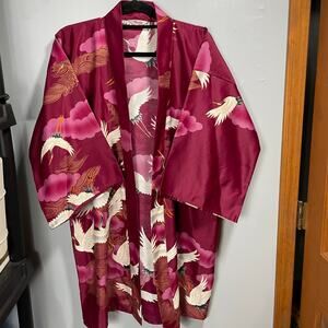Vintage 60's Maruky Kyoto Tokyo Magenta Crane Waist Kimono Haori Women's Large